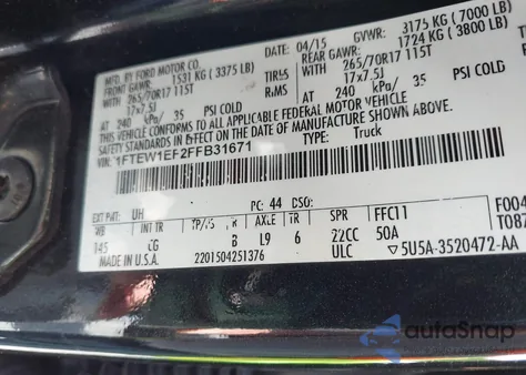 2015 Ford F-150 Xl z USA, uszkodzony, nr VIN 1FTEW1EF2FFB31671